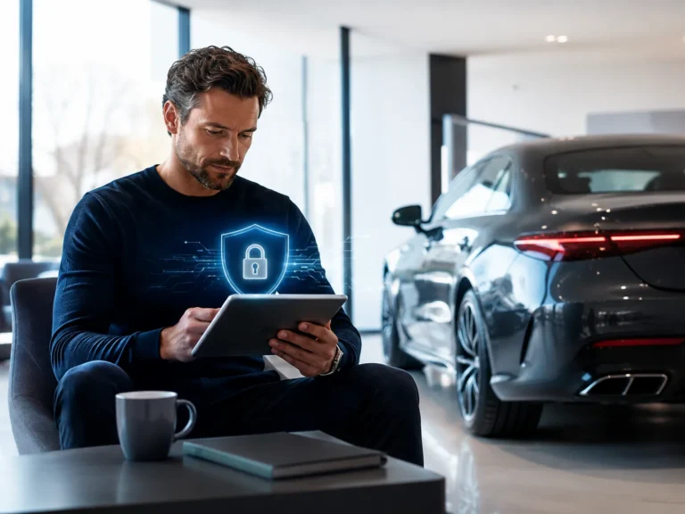 Man beheert privacy-instellingen op een tablet naast een moderne auto in een showroom