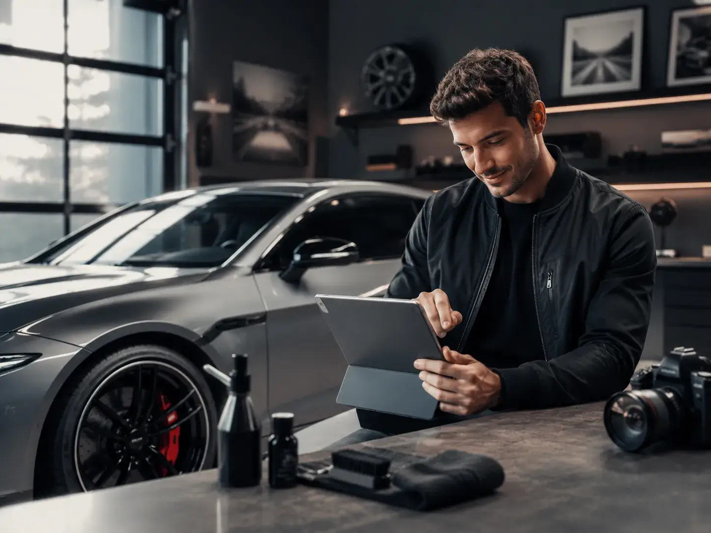Autoliefhebber gebruikt een tablet in een stijlvolle garage naast een sportauto