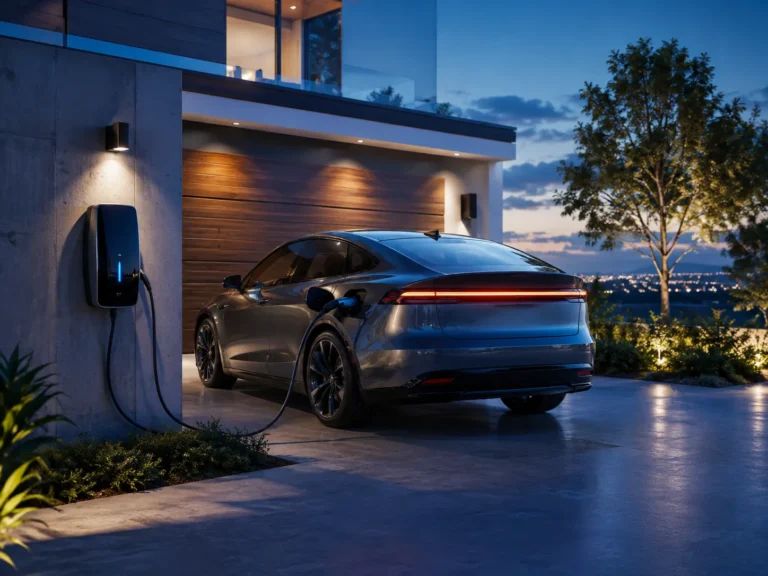 Moderne elektrische auto wordt thuis opgeladen bij zonsondergang
