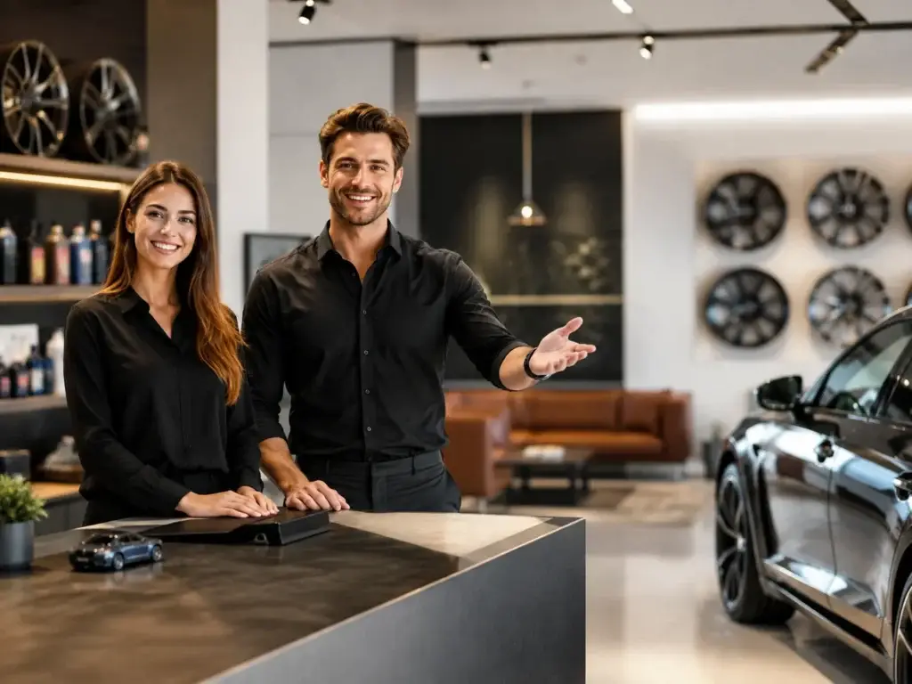 Medewerkers van Auto Cool verwelkomen bezoekers in een moderne autostudio