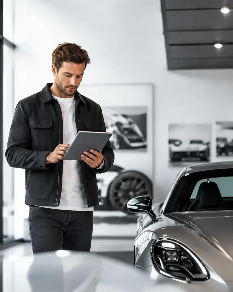 Autoliefhebber bekijkt informatie op een tablet naast een sportauto in een showroom