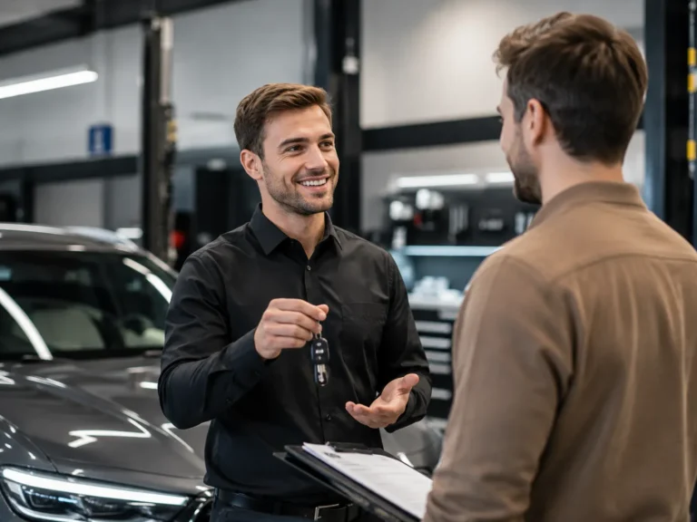 Serviceadviseur overhandigt autosleutels aan een klant in een moderne garage
