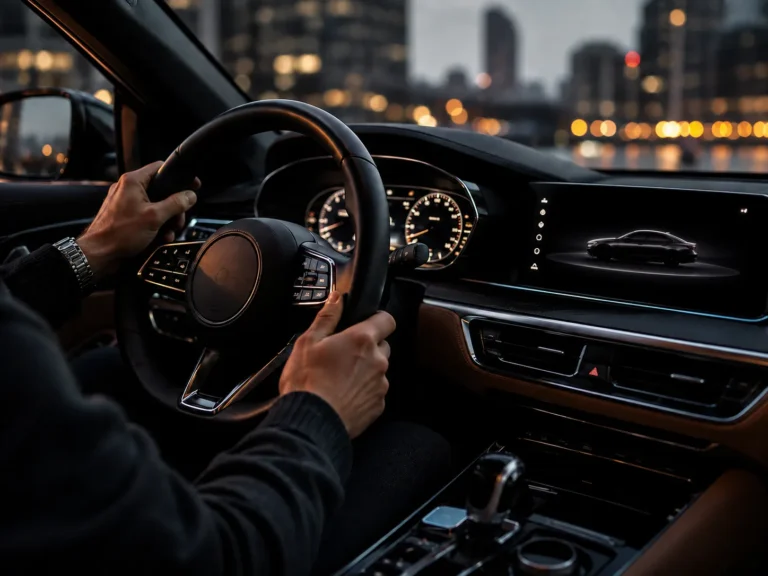 Luxe auto-interieur met digitaal dashboard tijdens een avondrit