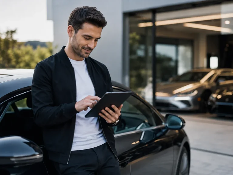 Autoliefhebber gebruikt een tablet naast een moderne auto bij een showroom