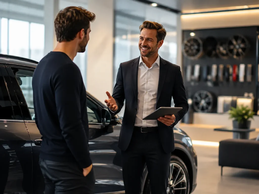Automotive adviseur bespreekt een moderne auto met een klant in de showroom