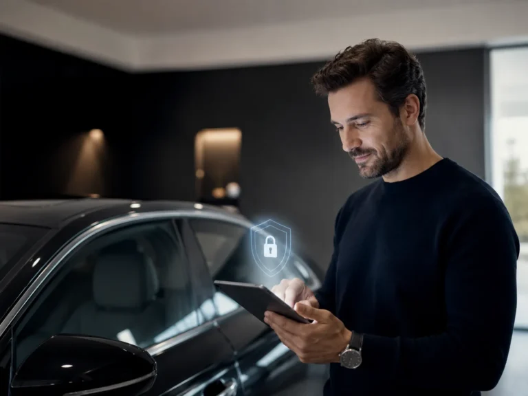 Man gebruikt een tablet naast een moderne auto met een beveiligingsicoon dat privacy en gegevensbescherming symboliseert