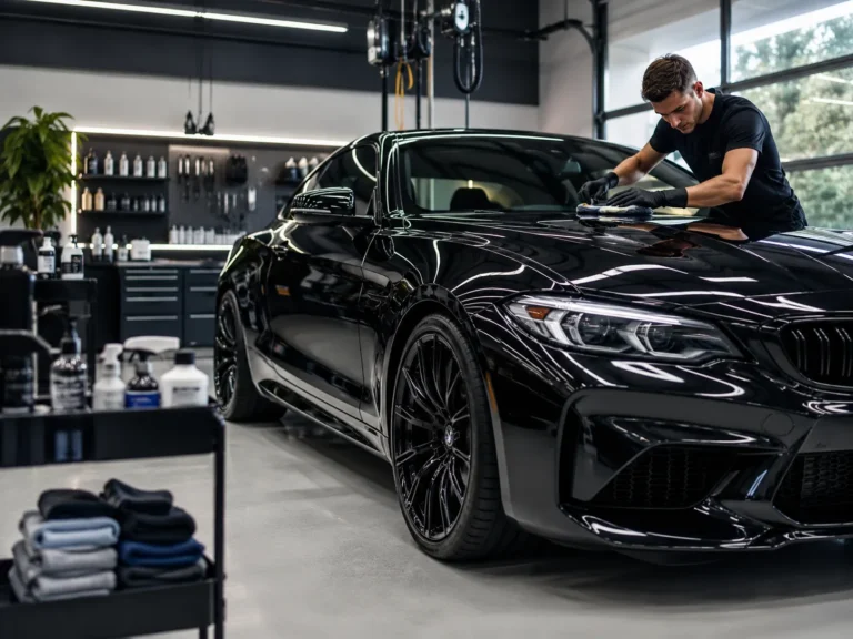 Specialist polijst een luxe zwarte auto in een moderne garage