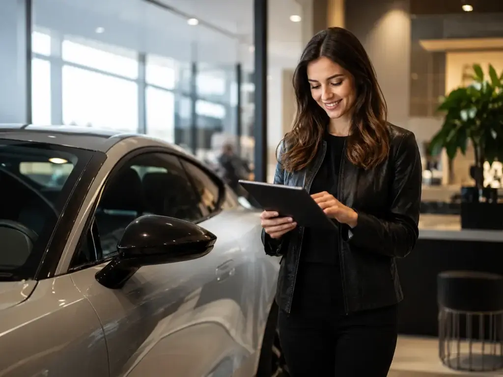 Vrouw registreert zich met een tablet naast een moderne auto in een showroom