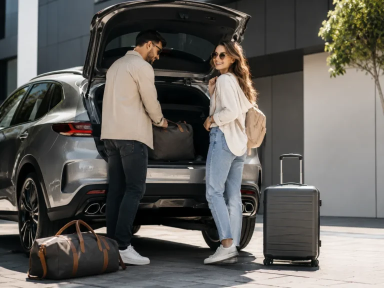 Jong stel laadt bagage in een moderne auto voor een roadtrip