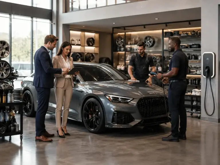Automotive professionals werken samen rond een moderne auto in een stijlvolle showroom