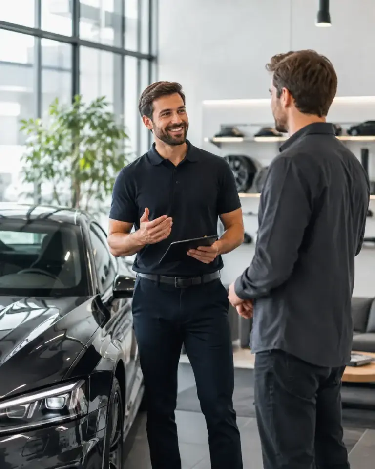 Automotive expert beantwoordt vragen van een klant naast een moderne auto
