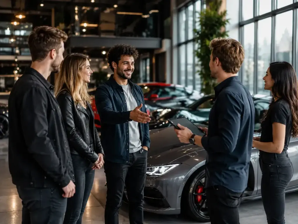 Autoliefhebbers verwelkomen een nieuw lid bij een moderne sportauto